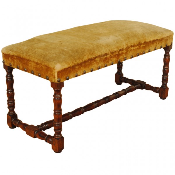 Turned Walnut and Upholstered Bench