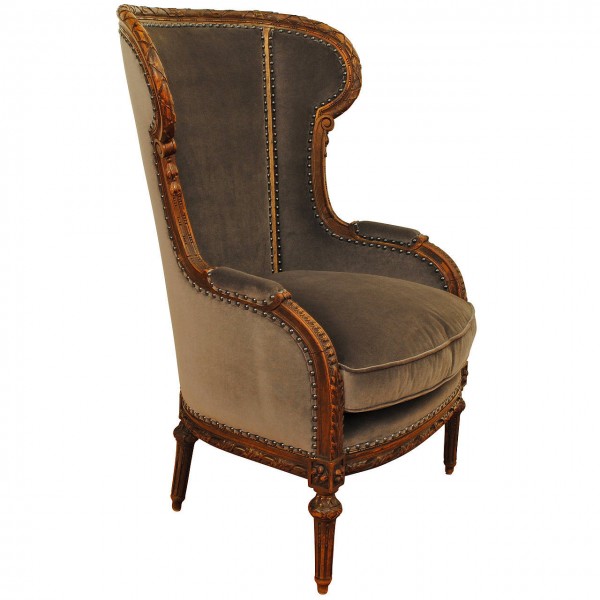 Carved Walnut and Upholstered Bergere