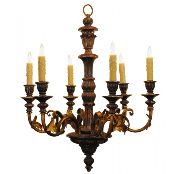 Carved Wood and Gilt Iron 6-Light Chandelier