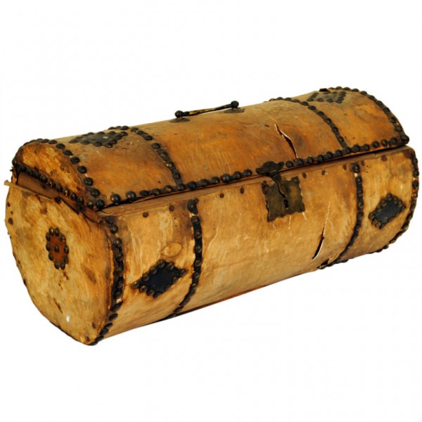 Cylindrical Hide and Brass Nailhead Adorned Box