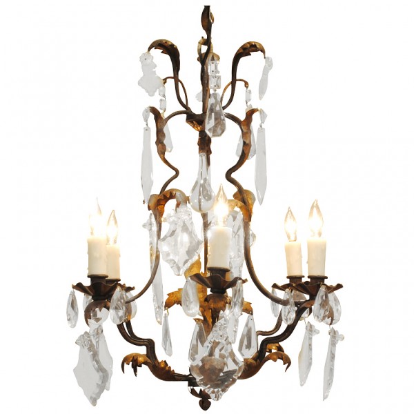 Wrought Iron, Gilt Metal, and Glass 6-Light Chandelier