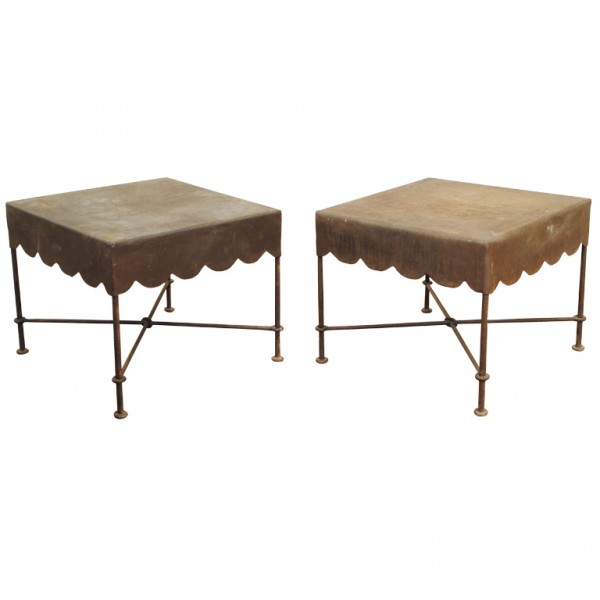 Pair of Wrought Iron and Scalloped Metal End Tables