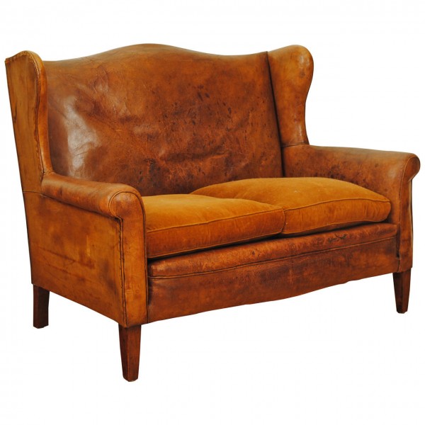 Leather and Velvet Upholstered Canapé in Walnut