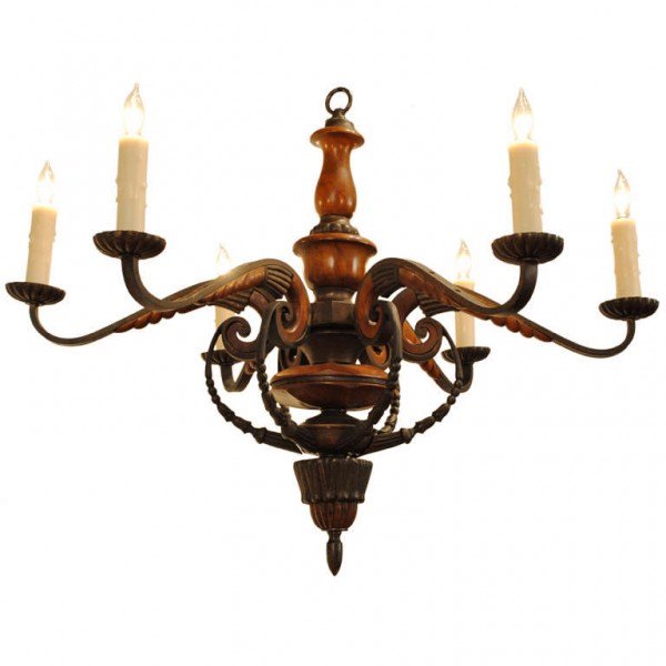 Light Walnut and Patinated Brass 6-Arm Chandelier