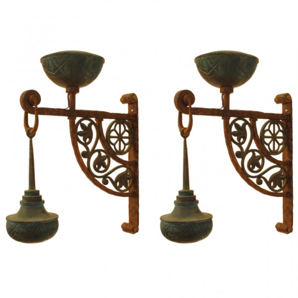 Unique Pair of Wrought Iron & Patinated Brass 2-Light Sconces