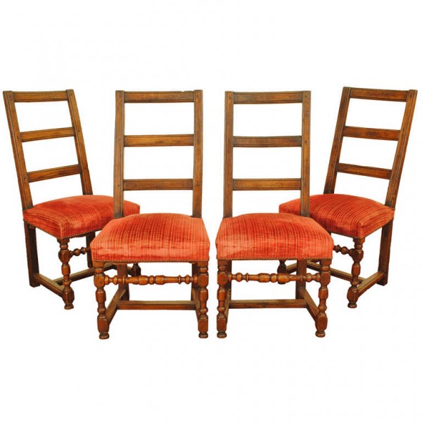 Set of 4 Walnut Side Chairs, branded with initials