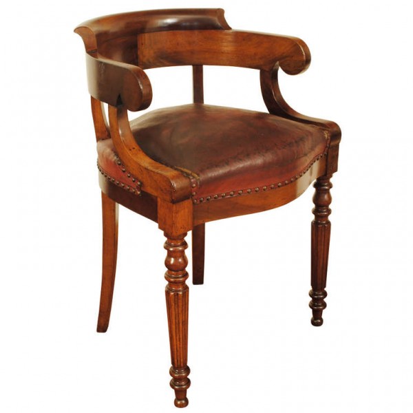 Unusually Tall Walnut Leather Upholstered Desk Chair