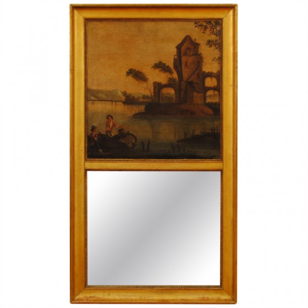 Giltwood and Oil on Canvas Trumeau Mirror