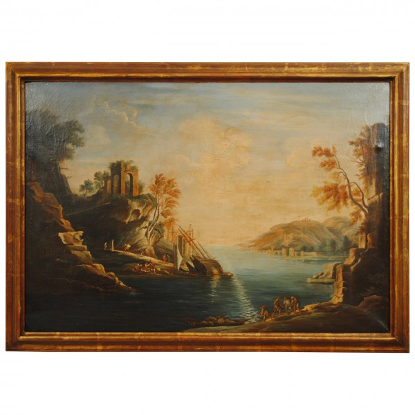 Large "Capriccio" Oil Painting in Giltwood Frame