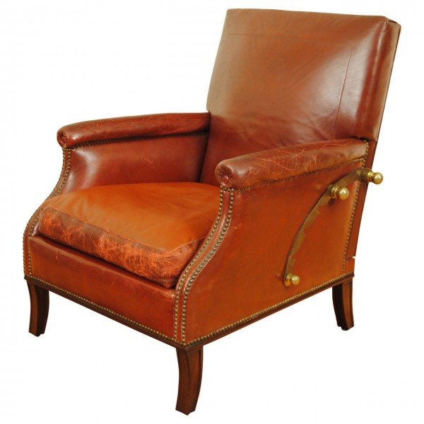 Red Leather and Brass Reclining Bergere