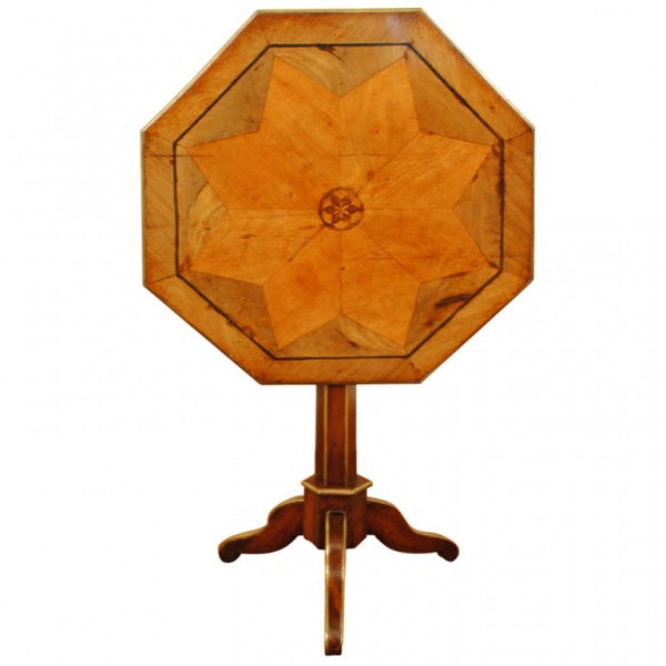 Octagonal Walnut, Inlaid, & Brass Tilt Top Table
