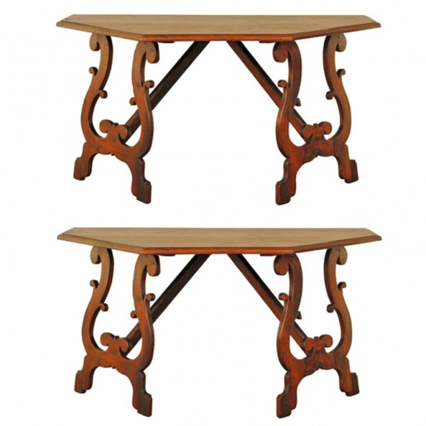 Large Pair of Walnut Console Tables, Octagonal Dining Table