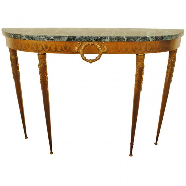 Cast and Etched Brass Demilune Console Table with Marble Top 
