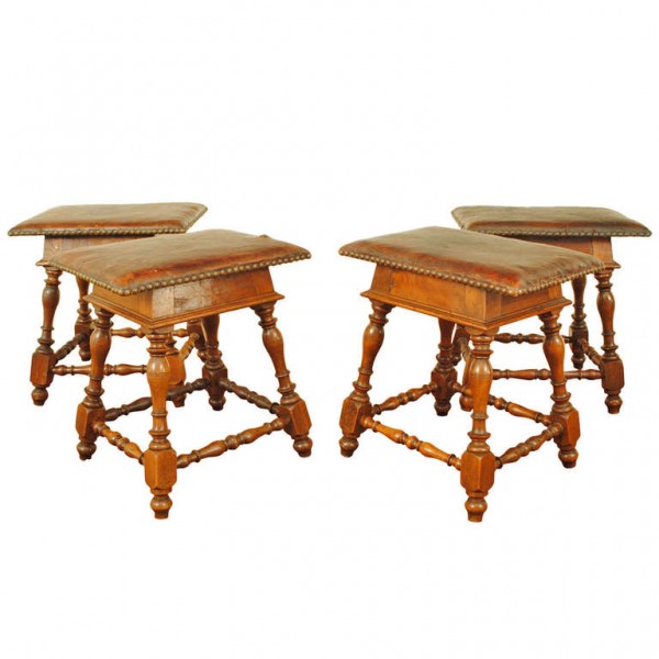 Group of 4 Walnut and Leather Upholstered Benches