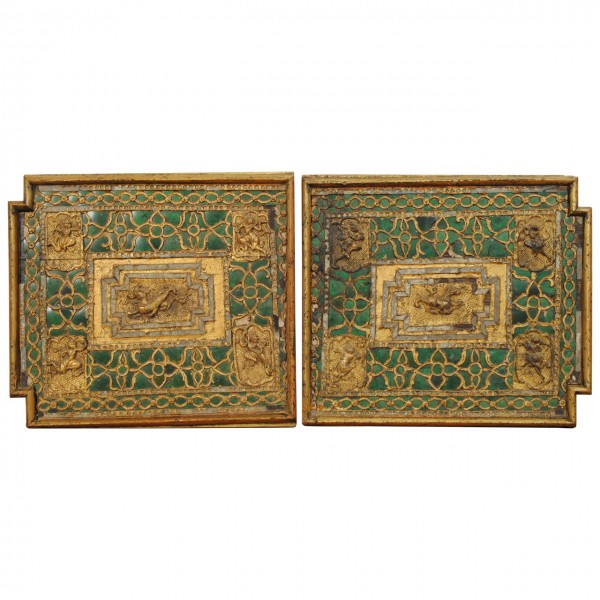 Pair of Carved Giltwood, Mirrored and Green Glass Panels