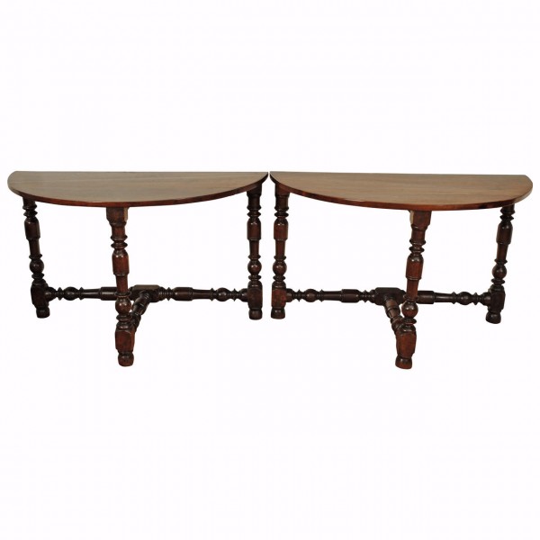 Pair of Walnut Demilune Console Tables