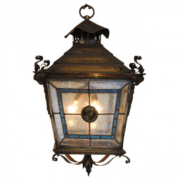 Patinated Brass, Leaded Glass & Ceramic Lantern
