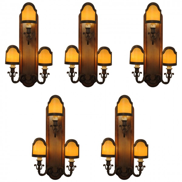 Set of 5 3-Light Wall Sconces in Patinated Brass