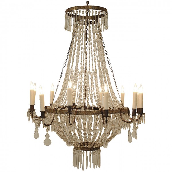 Stamped Brass and Glass Four Rings 12-Light Chandelier