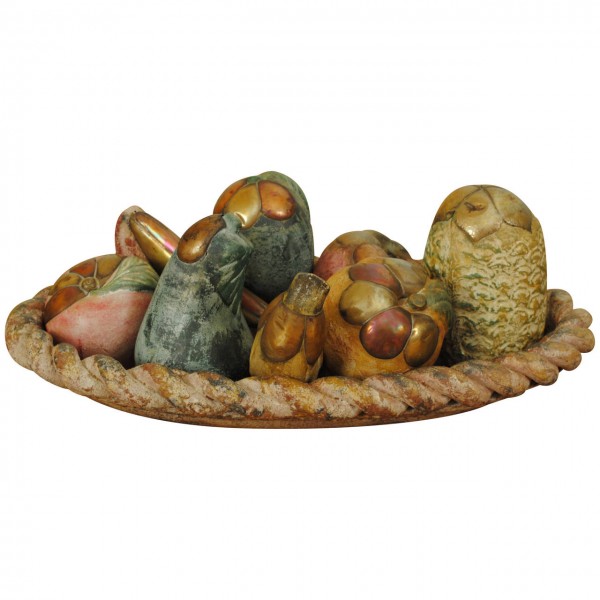 Painted Ceramic, Brass, and Copper Fruit Basket Centerpiece