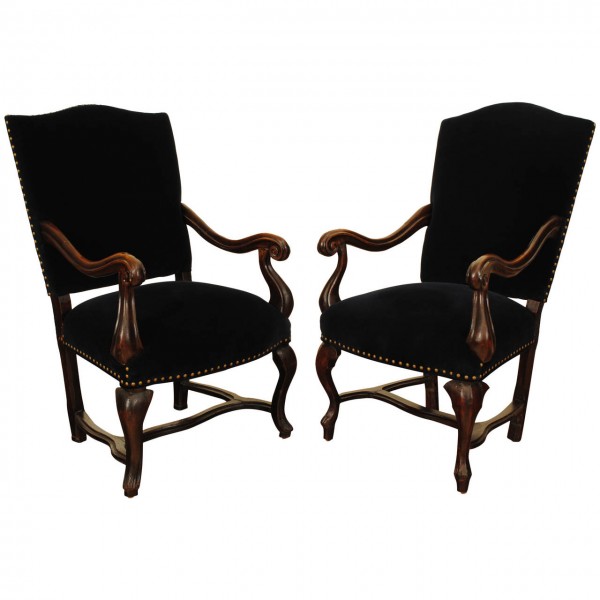 Near Pair of Walnut & Blue Velvet Upholstered Armchairs