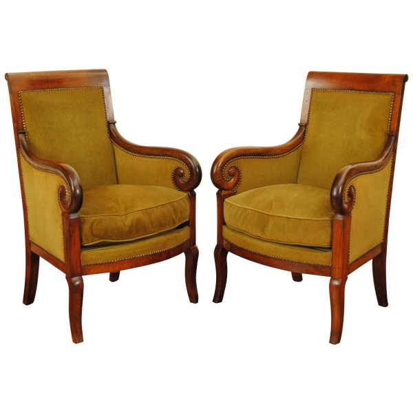 Pair of Walnut and Upholstered Bergeres 