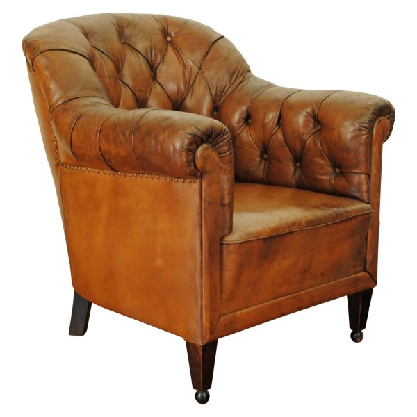 Tufted Leather Bergere with Walnut and Ebonized Feet