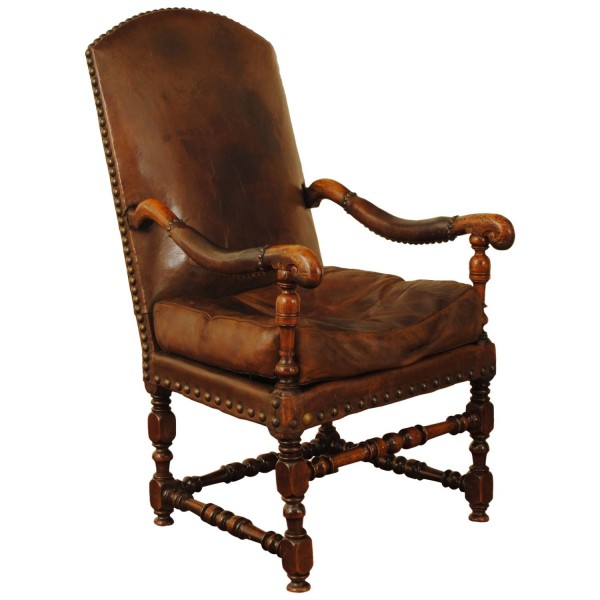 Walnut and Leather Upholstered Fauteuil