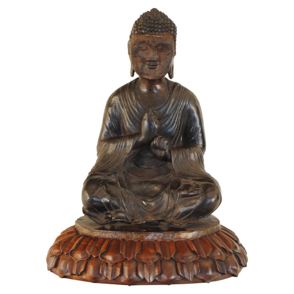 Cast Bronze Temple Figure on Carved Walnut Lotus Leaf Base