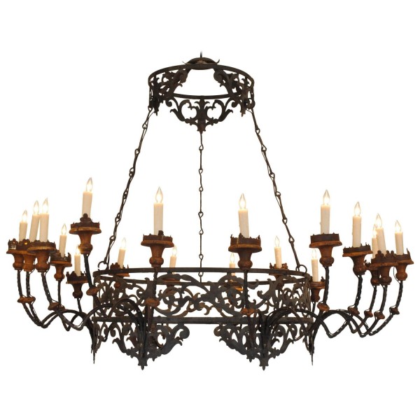 Wrought Iron, Metal and Wood 18-Light Chandelier