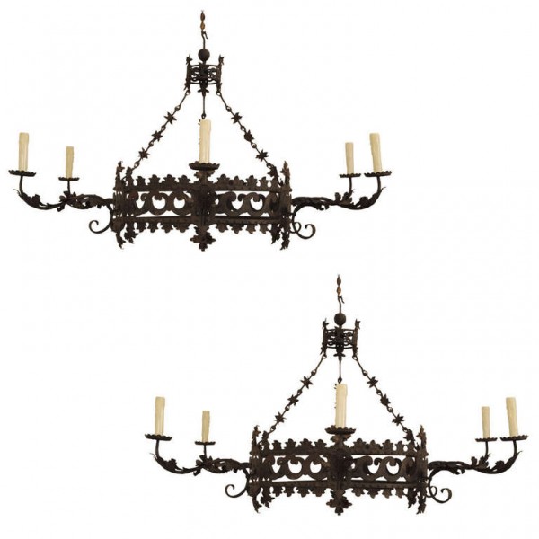 Large Pair of 6-Light Wrought Iron Chandeliers