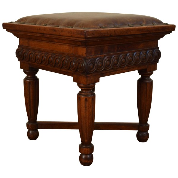 Carved Walnut and Leather Footstool