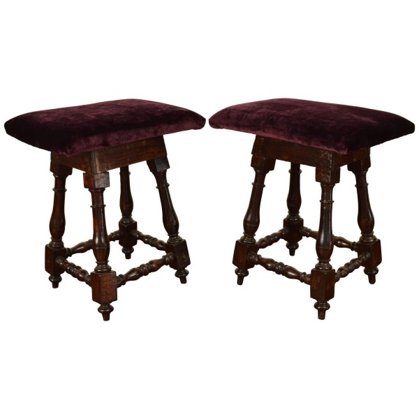 Pair of Dark Walnut and Upholstered Footstools