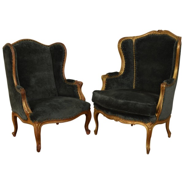 Matched Pair of Carved Giltwood Bergeres 