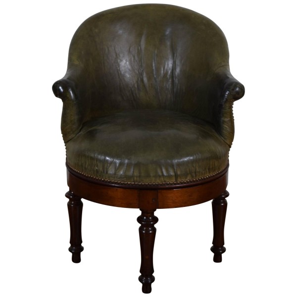 Walnut & Leather Upholstered Swiveling Chair