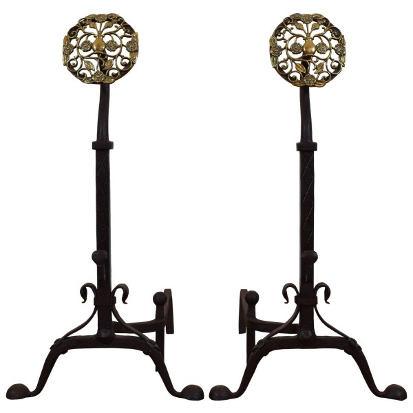 Pair of Wrought Iron and Brass Andirons