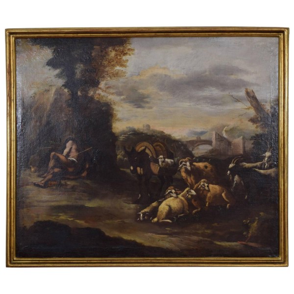 Oil on Canvas, Shepherd Resting Near Flock