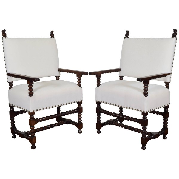 Pair of Walnut and Upholstered Armchairs 