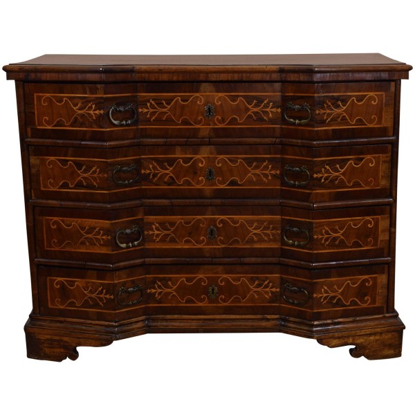 Walnut and Fruitwood Inlaid Canted Commode