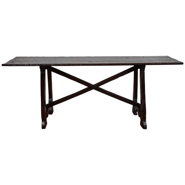 Walnut Trestle Table with Wooden Stretcher