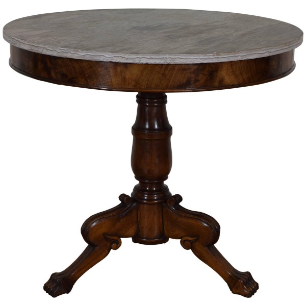 Carved Walnut and Marble-Top Center Table