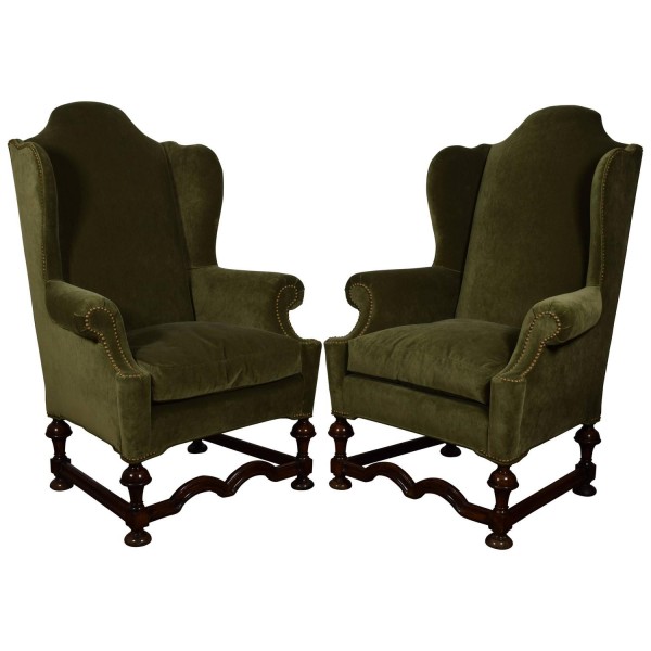 Carved Wood & Upholstered Wing Chairs