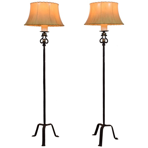 Pair of Wrought Iron Torcheres Mounted as Floor Lamps