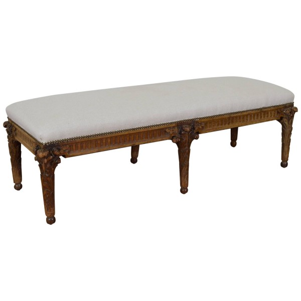 Carved Pinewood and Upholstered Bench