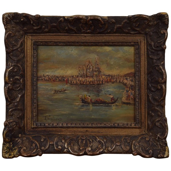 Oil on Board, Canal Scene in a Regence Style Frame