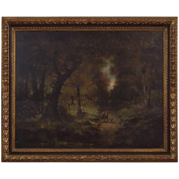 Oil on Panel, Hunters with Dogs in Woods