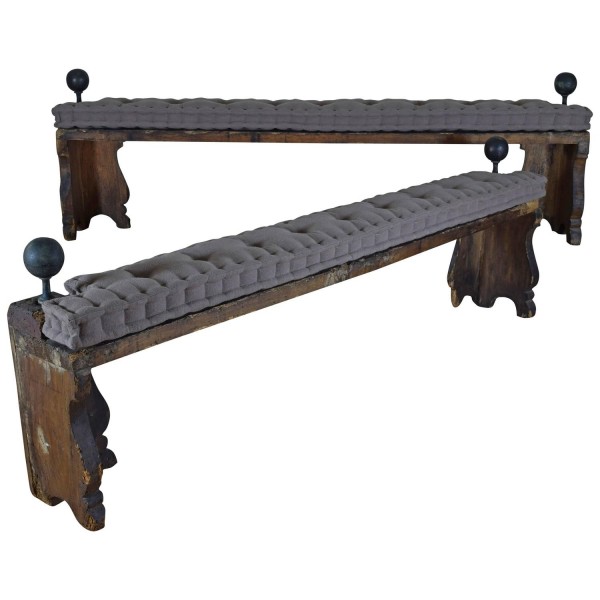 Pair of Pinewood and Upholstered Benches