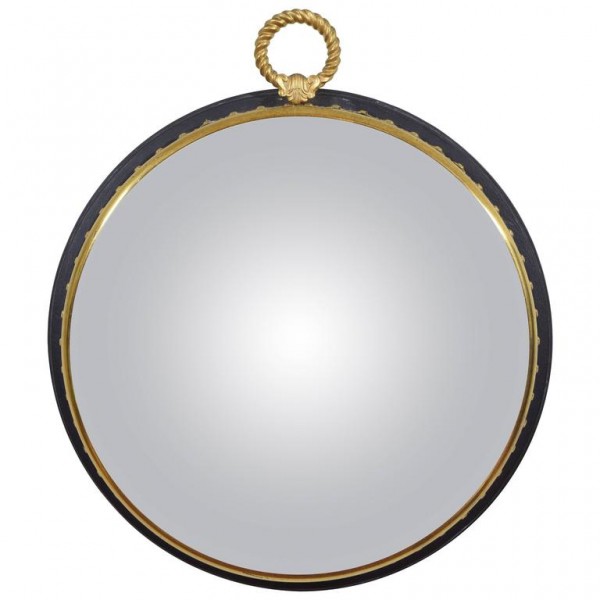 Ebonized Wood and Brass Decorative Convex Mirror