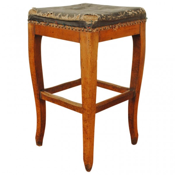 Wooden and Black Leather Upholstered Stool