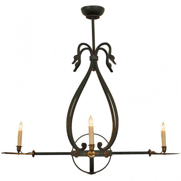 Painted Iron 4-Light Chandelier with Swans and Arrows